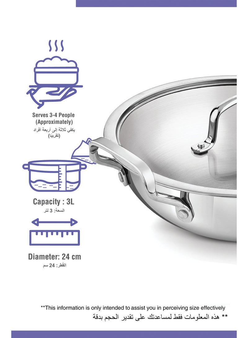 بيرجنر مقلاة تشويح بيرغنر 24 سم (3 لتر) من الفولاذ ثلاثي الطبقات مع غطاء زجاجي - مقلاة عميقة للطهي الصحي واستخدام زيت أقل - "ووك" بقاعدة حث - "كاداي" ثلاثية الطبقات لتوزيع حراري متساوٍ - مقلاة تشويح عميقة - Image 2